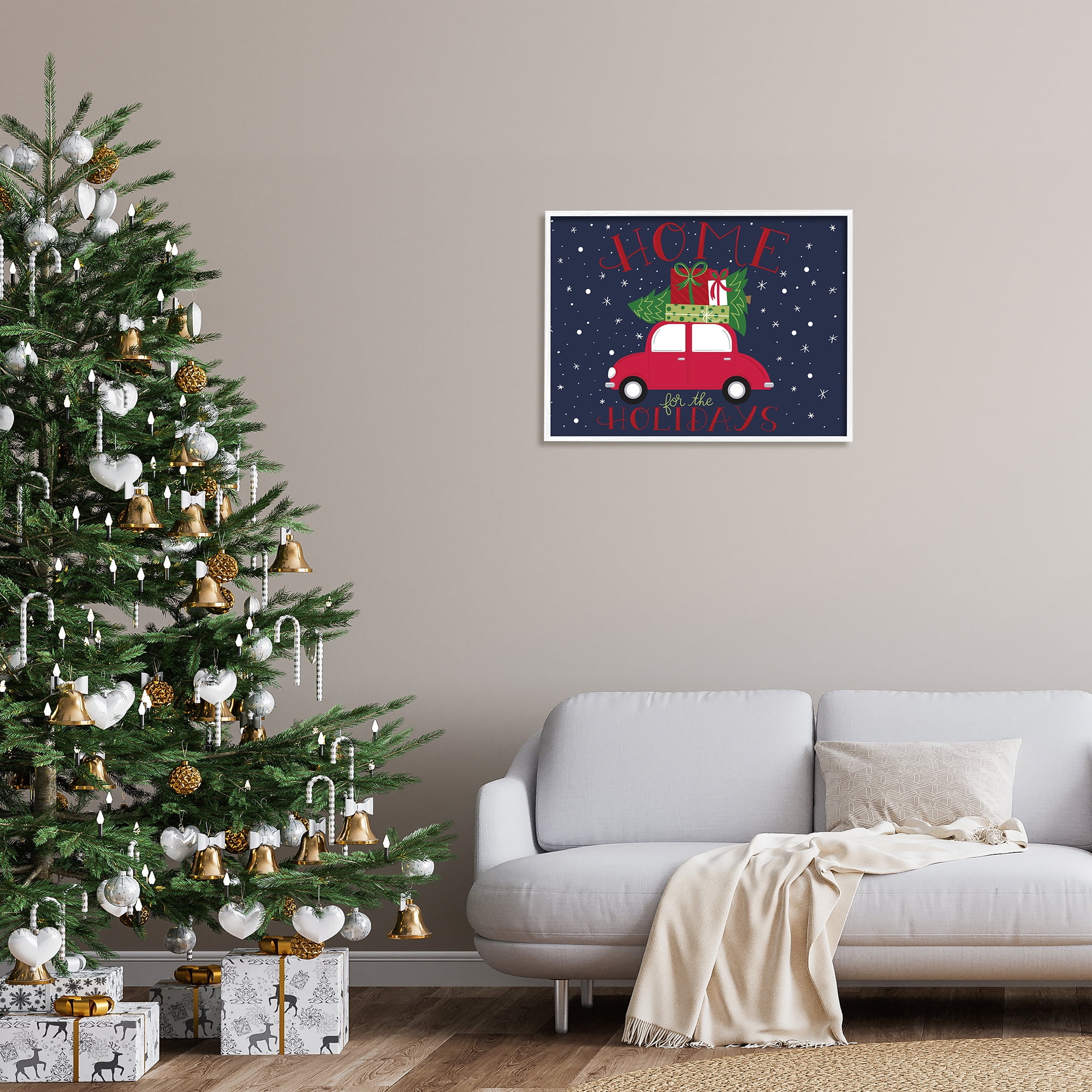 Indtries Home for Holidays Sentiment Red Car Presents Snow 30 in x 24 in Framed Painting Art Prints, by Stupell Home Décor