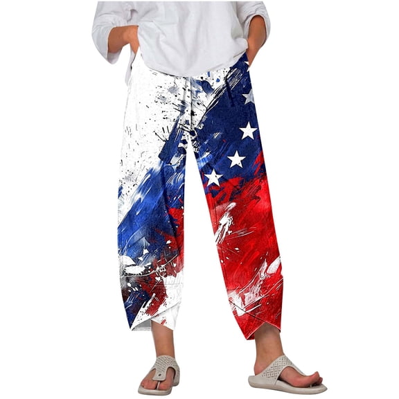 qelini American Flag Pants for Women Plus Size Wide Leg July 4th Capris Pants Elastic Waist Print Ankle Pants Daily Wear
