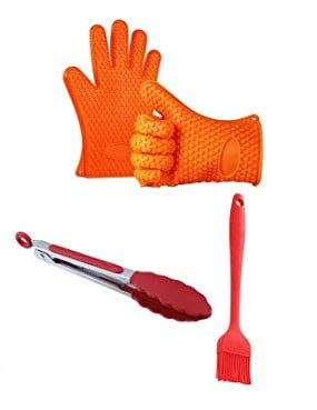 FEROS Silicone Accessory Set; Includes Heat Resistant Silicone Gloves, All-Purpose Serving Silicone Tongs, and Silicone Basting Brush