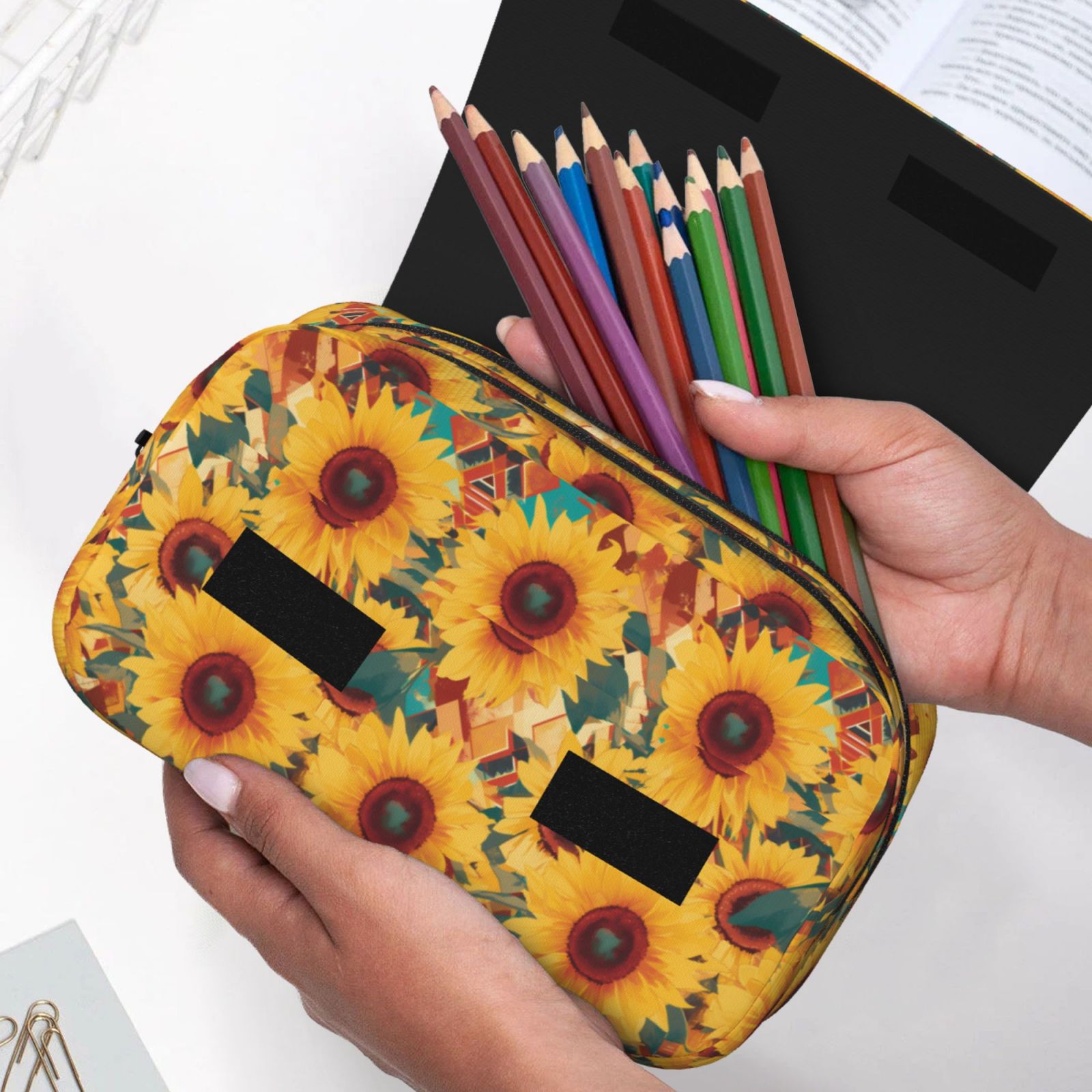 Rateoe Colorful Bohemian Sunflower Pattern Double Clamshell Pen Case, Storage Organizer with Two Zipper Compartments– Holds Up to 50 Pencils & Pens