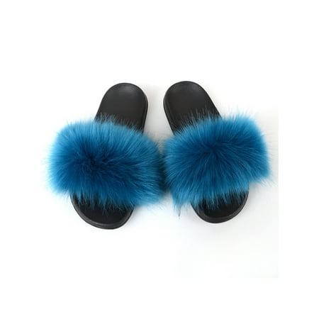 

Fangasis Ladies Fluffy Slides Furry Slipper Faux Fur Fuzzy Slippers Women Shoe Indoor Breathable Color Block Home Shoes Blue 9.5-10