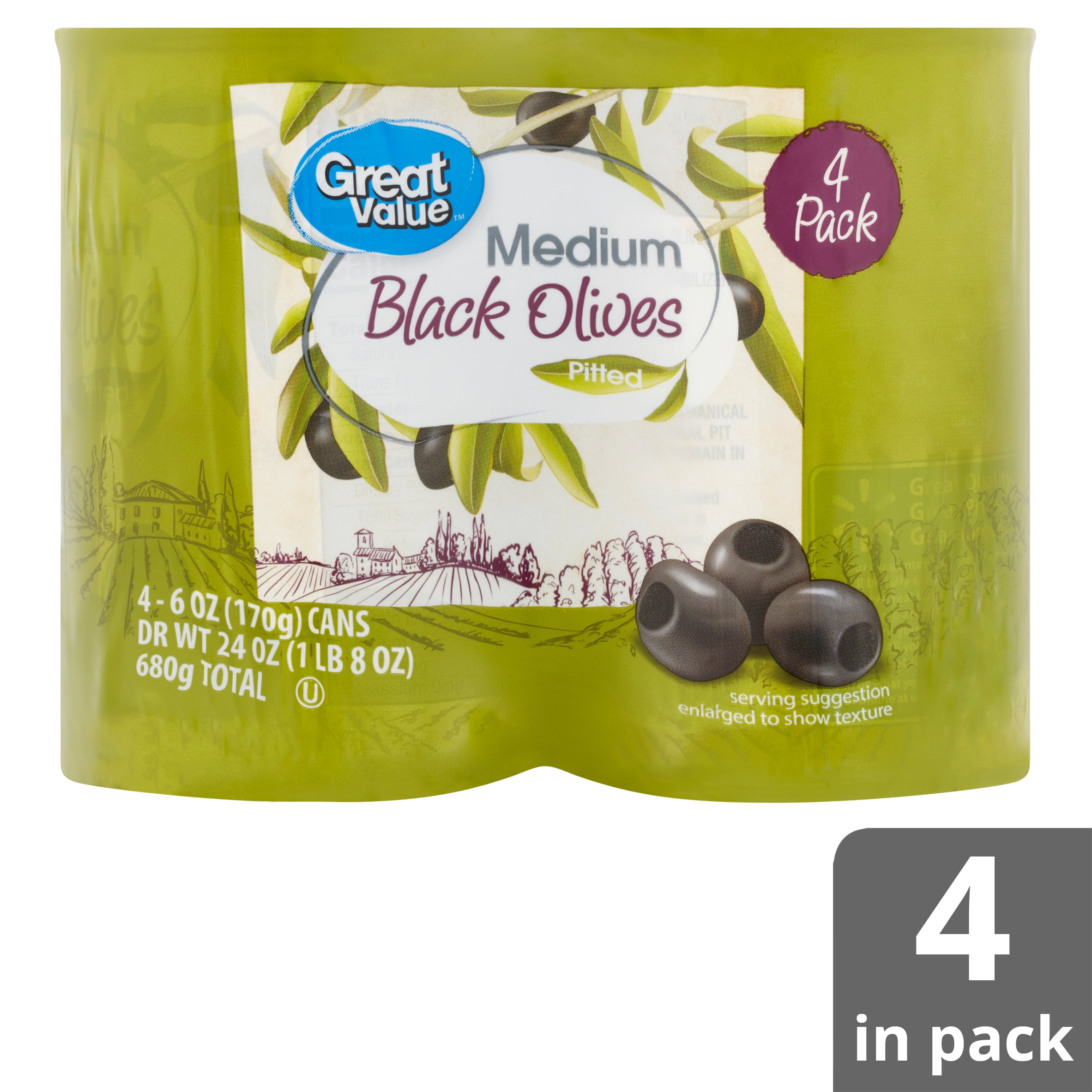 Great Value Medium Pitted Black Olives, 6 oz, 4 Count. Major Allergens Not Contained. Gluten Free.