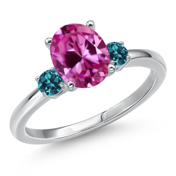Gem Stone King 14K White Gold Pink Created Sapphire and London Blue Topaz Engagement Ring for Women | 1.26 Cttw | Oval 9X7MM | Gemstone September Birthstone | Size 5