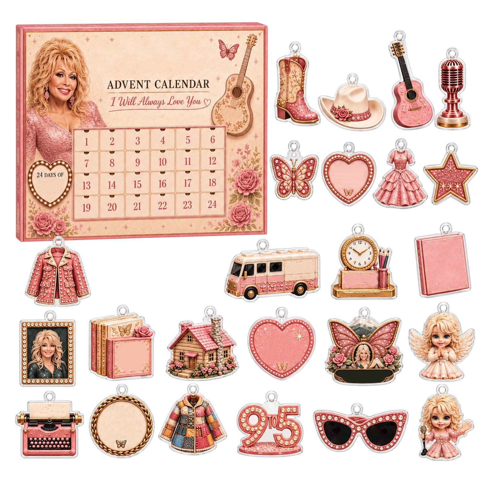 2026 Dolly Themed Advent Calendar, 24 Pcs 2D Flat Acrylic Hanging Ornament Blind Box, Pink Country Music Fan Collectible Christmas Countdown Gift Box