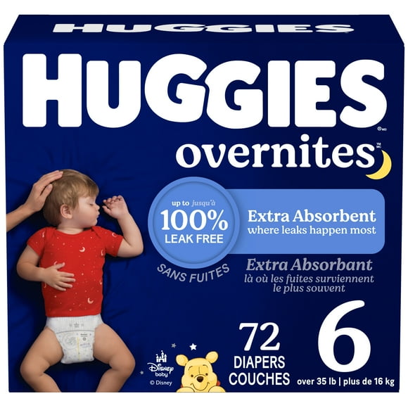Couches pour bébé Huggies Overnites pour la nuit, taille&nbsp;6 (plus de 16&nbsp;kg [35&nbsp;livres]), 72&nbsp;unités