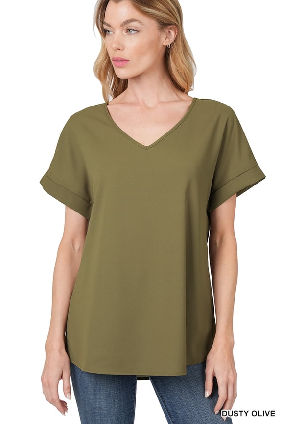 Plus Size V-Neck Heavy Dobby Boat Neck Rolled Short Sleeve Blouse Top