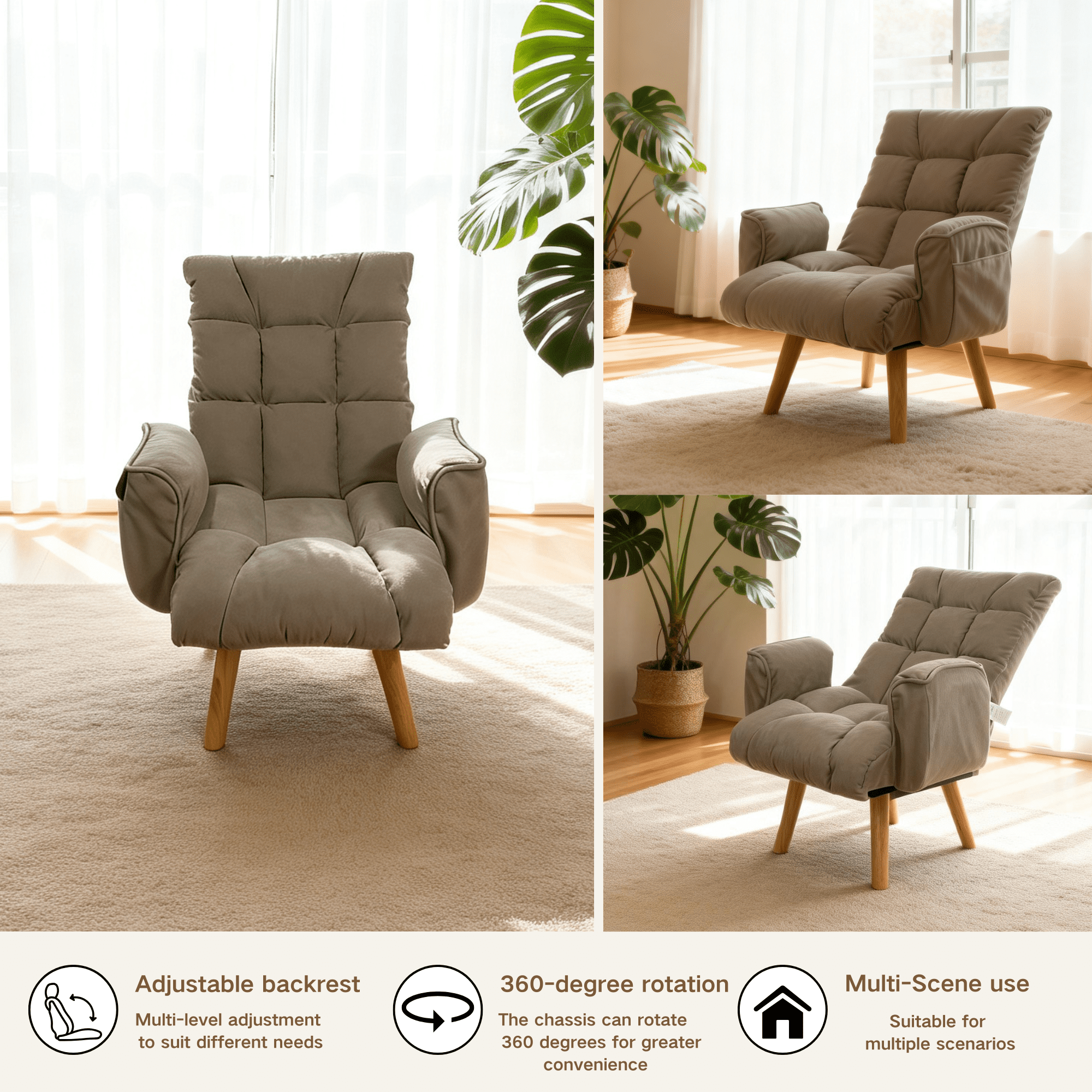 Lounge Chair with 360 Degree Rotating Seat and 3-Level Adjustable Back, Lazy Sofa Chair and Accent Seating with Solid Wood Legs for Living Room, Gray