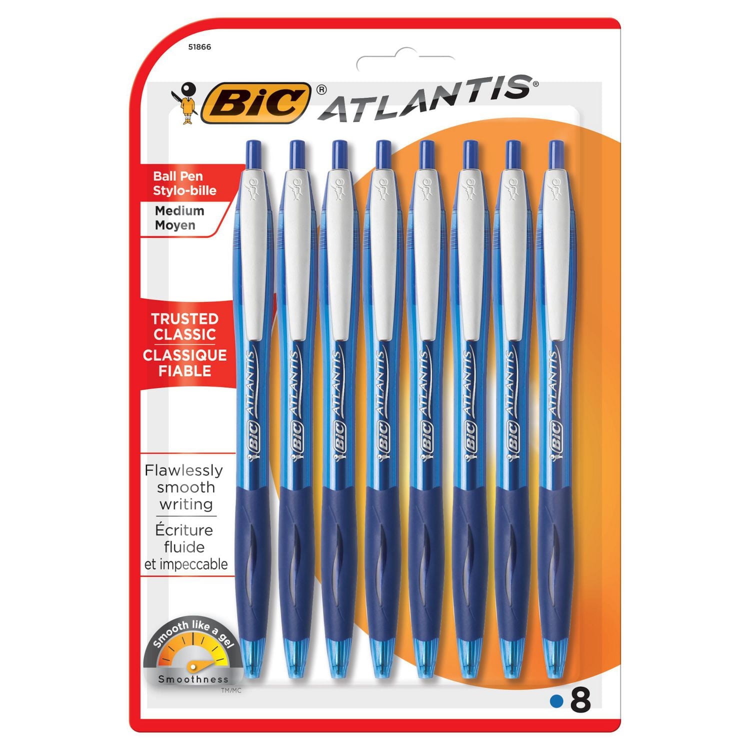 BIC Atlantis Original Retractable Ball Pen, Medium Point, Blue, 8 Count, The trusted original for a classic look and feel, 8 Count