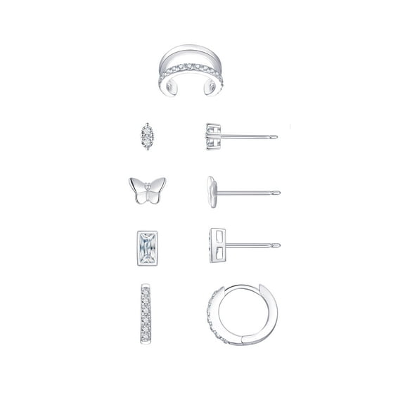 Believe by Brilliance Women's Cubic Zirconia Four Pair Earring Set with Ear Cuff Fine Silver Plated