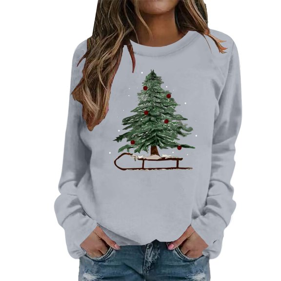 FYEGRE Christmas Tree Sweatshirt Women Merry Christmas Long Sleeve Shirt Pullover Top Xmas Holiday Sweatshirts Grey XXL