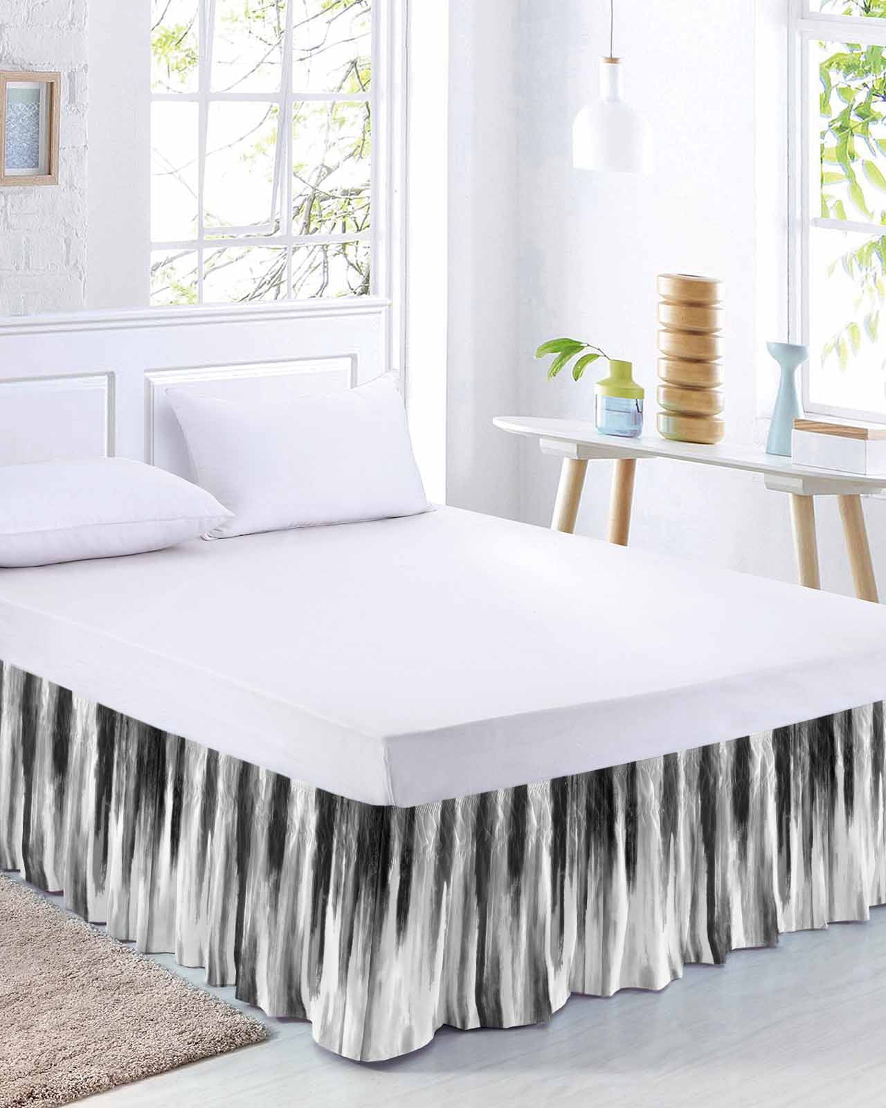 Black Gray White Bed Skirt Cal King Size, Vintage Rustic Abstract Ombre Aesthetic Wrap Around Bed Skirting with Adjustable Elastic Strap, Dust Ruffled Pleated Bedskirts 18 Inch Drop for Bedroom Beds