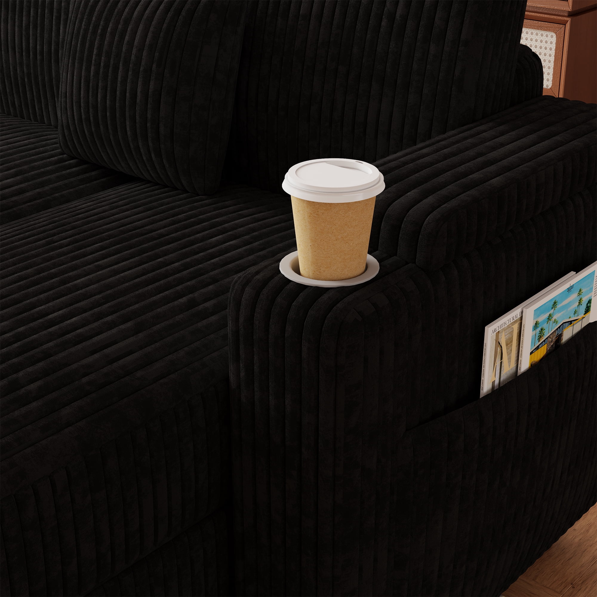 100"W L-Shaped Pull-Out Sofa Bed with USB Ports,Table Board,Cup Holder & Storage,7-Seat Corduroy Modular Sectional Sofa,Convertible Sleeper,Black