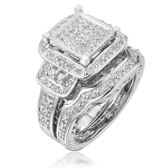 Sterling Silver 1/2ct TDW Diamond Square Halo Bridal Set