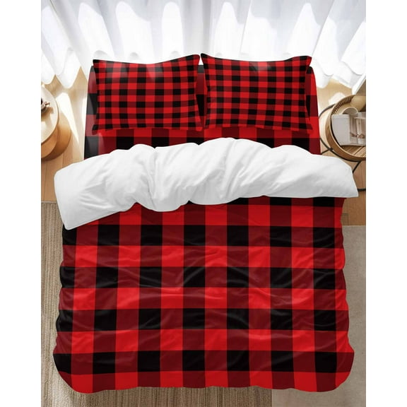 Red Black Buffalo Plaid Bedding Duvet Cover Set Twin Size 4 Pieces Square Geometric Soft Twill Plush Quilt Cover, Include 1 Duvet Cover 1 Flat Sheet And 2 Pillow