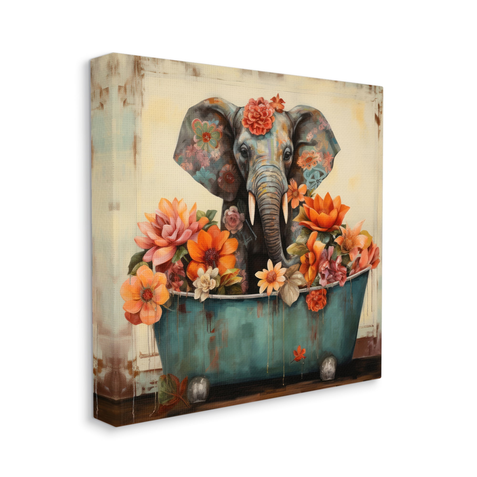 Stupell Industries Rustic Floral Tub Elephant Animals & Insects Painting Gallery Wrapped Canvas Art Print Wall Art, 36 x 36