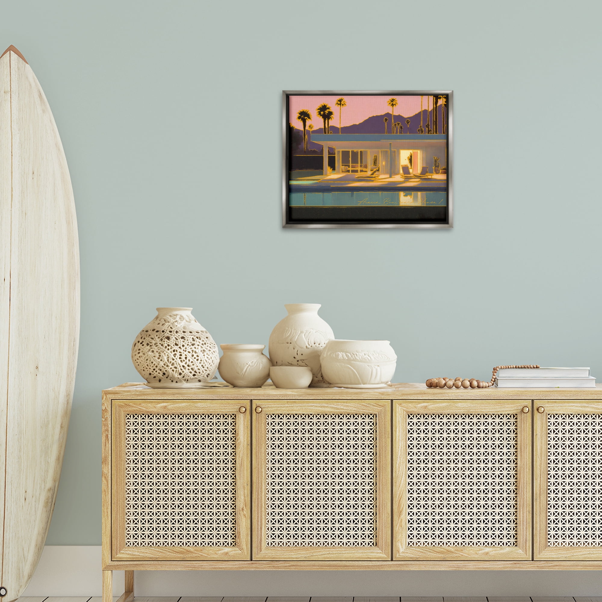 Stupell Industries Sunset Glow Summer Pool Landscape & Nature Painting Gray Floater Framed Canvas Art Print Wall Art, 21 x 17