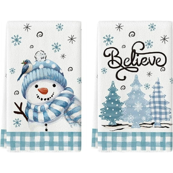 Beige Blue Xmas Tree Snowman Christmas Kitchen Towels Dish Towels, 18x26 Inch Holiday Bird Believe Winter Decoration Hand Towels Set of 2