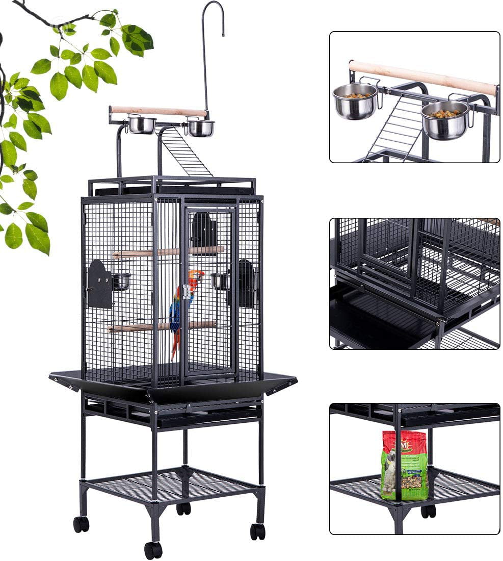 Large 20-Inches Open Play Top Parrot Bird Cage Removable Rolling Stand Cups 159 