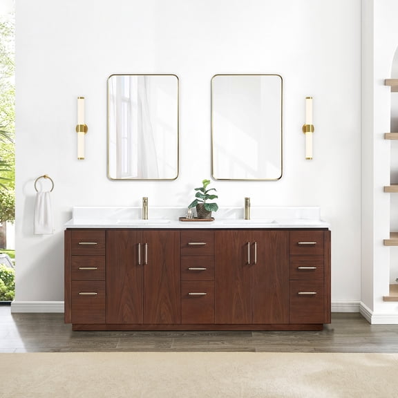 Vinnova San 84" Double Sink Wood Bath Vanity with Grain Stone in Natural Walnut