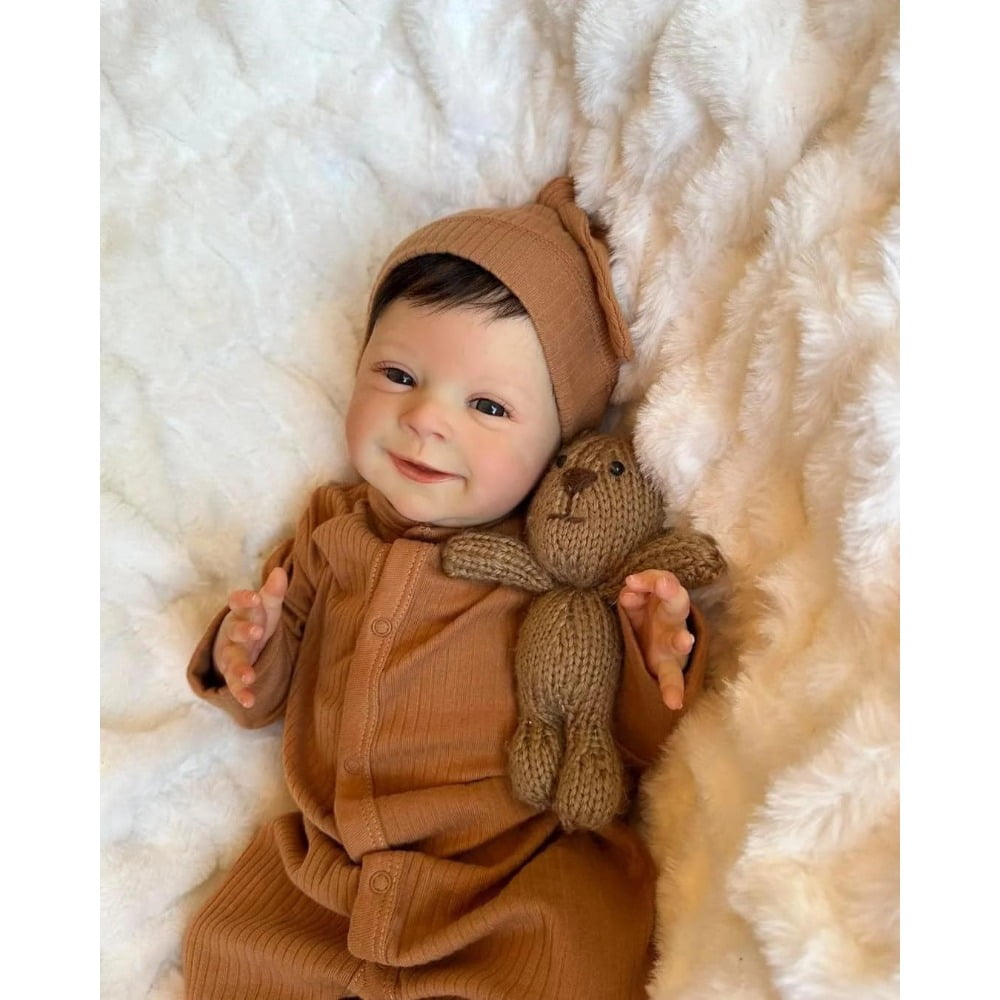 18 Inch 45 CM Realistic Reborn Baby Dolls Boy Eyes Open with Hair, Soft Cuddle Cloth Body Smiling Baby Boys Doll Real Life Silicone Newborn Toddler Like A Real Babydolls with Accessories