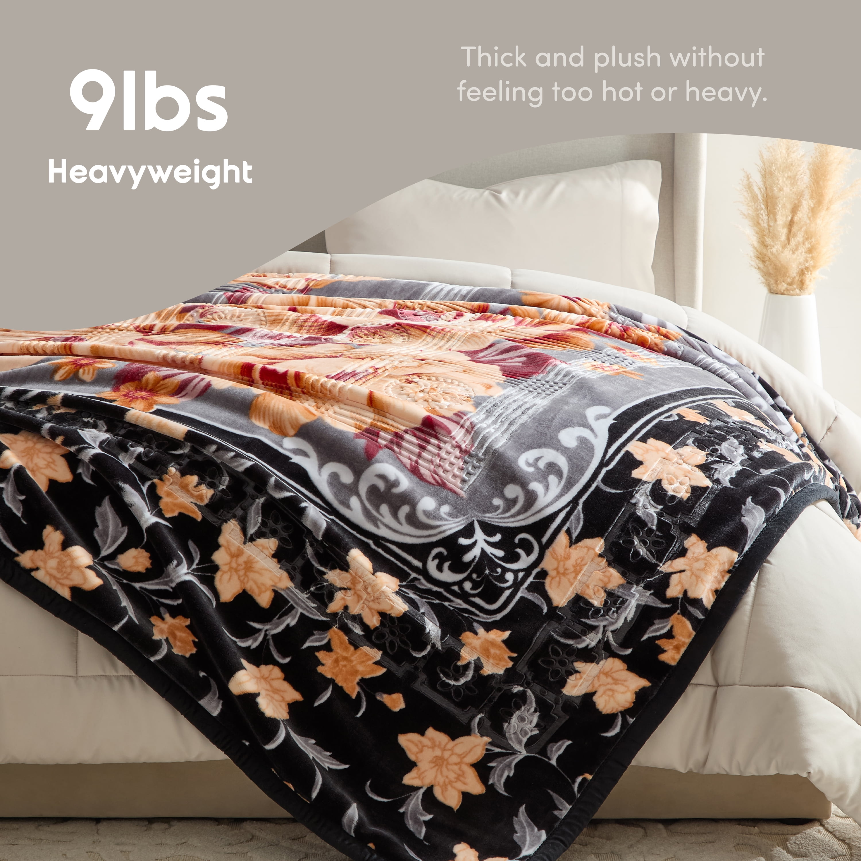 Lammaloe Queen Size Korean Mink Fleece Blanket for Winter, 9 lbs, 79" x 94", Heavy 2-Ply Warm Heavyweight Raschel Bed Blankets, Reversible Printed, Black & gray