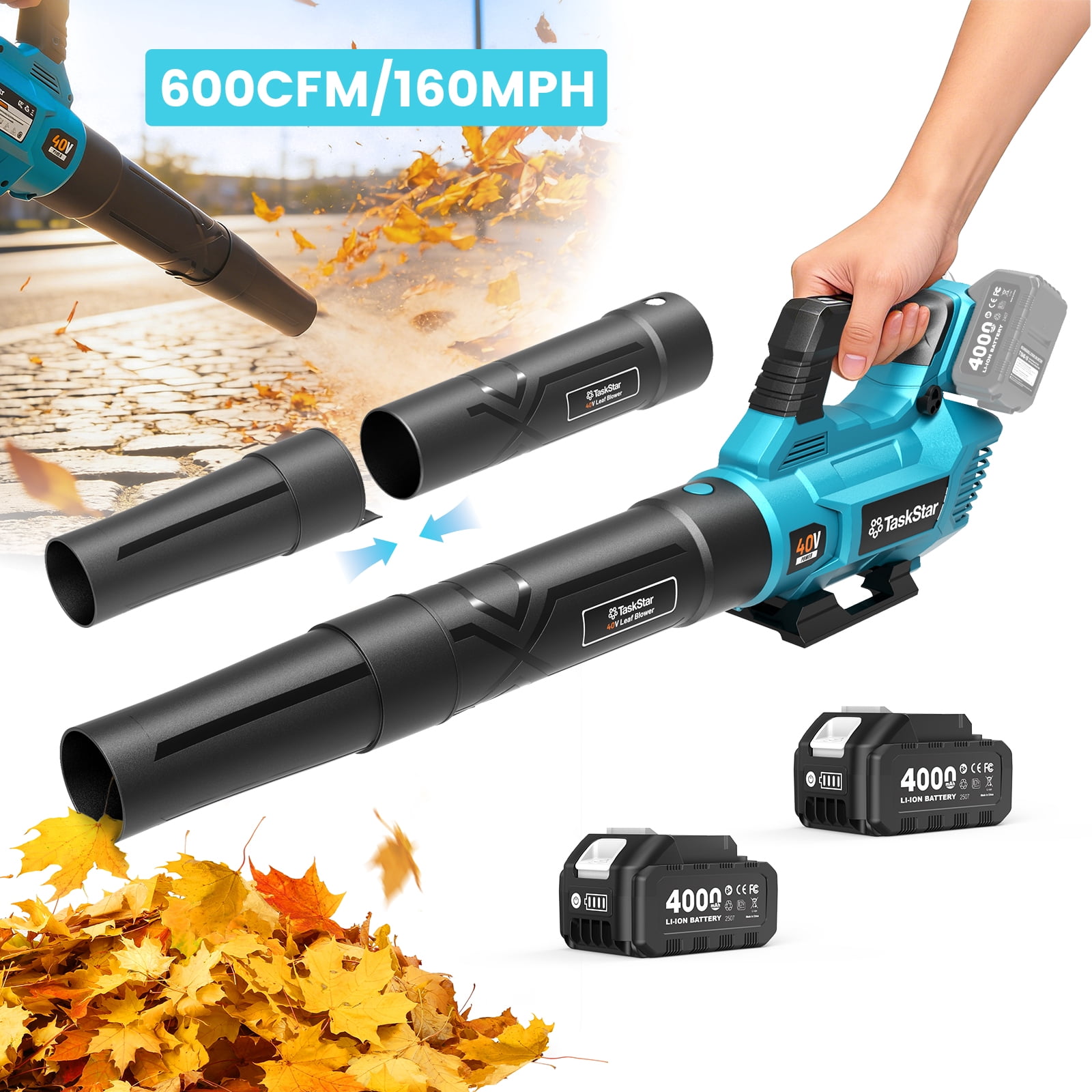 Taskstar 40V Cordless Leaf Blower,600CFM/160MPH ,2*4000 mAh Batterie,  Electric Blower for Lawn Care/Debris/Dust