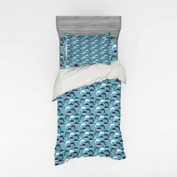 Ambesonne Nautical Bedding Set 3 Pcs, Cartoon Whale and Dolphins, Twin, Sea Blue Multicolor
