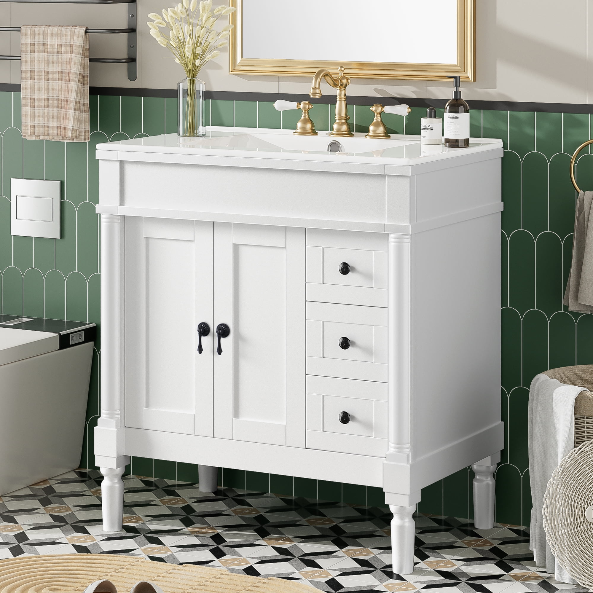 Euroco 30-Inch Modern Bathroom Vanity, Solid Wood Frame + MDF, 2 Doors 3 Drawers, Soft-Close Design, U-Shaped Adjustable Shelf, Ceramic Sink, Bathroom Storage Cabinet Set