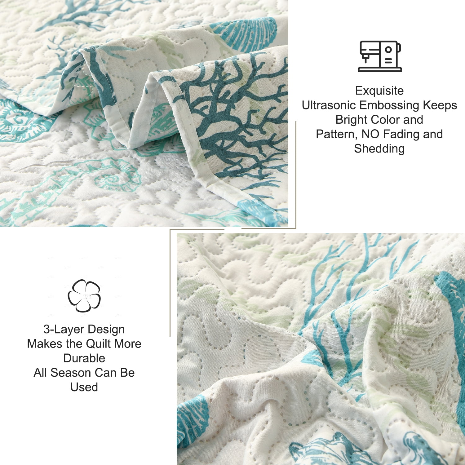 Kebury Ocean Beach Theme Quilts Bedding Set King Size Lightweight Patchwork Coastal Bedding Green Grass Coverlets Conch Seashell Starfish Seaweed Bedspreads (1 Quilt, 2 Pillow Shams)