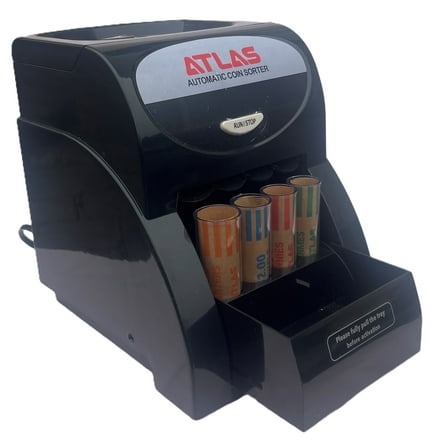 Atlas Electric Coin Sorter (AC-1QS) Sorts 156 Coins Per Minute and comes with (4) Penny, Nickel, Dime, Quarter Preformed Coin Wrapper Starter Assortment