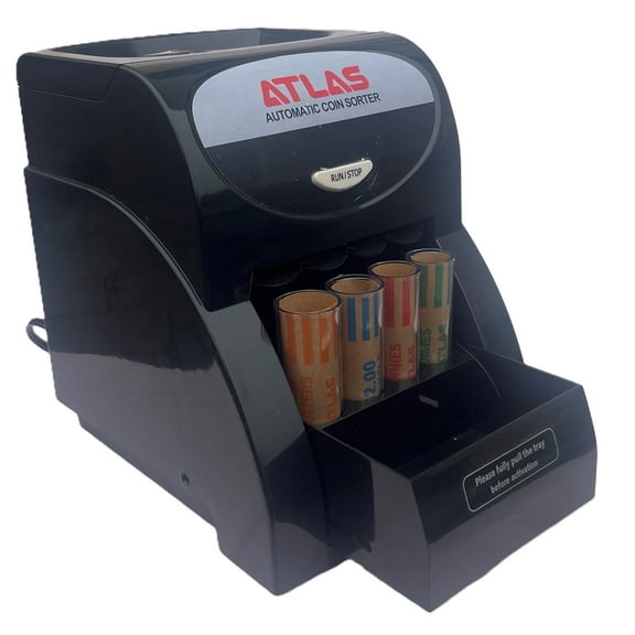 Atlas Electric Coin Sorter (AC-1QS) Sorts 156 Coins Per Minute and comes with (4) Penny, Nickel, Dime, Quarter Preformed Coin Wrapper Starter Assortment
