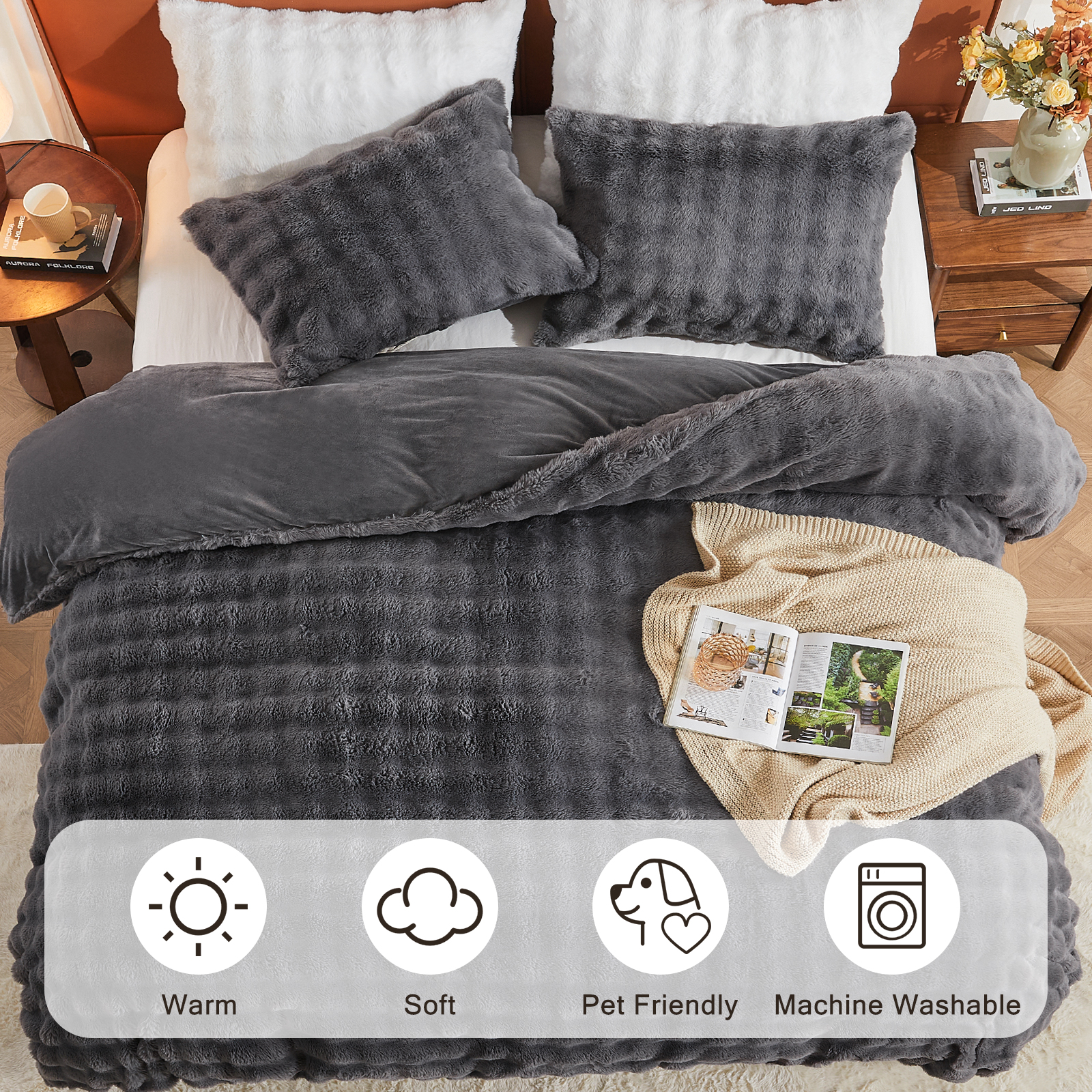 EMME Faux Fur Duvet Cover Twin-XL Size, 2 Pieces Ultra Soft Fluffy Comforter Cover, Cozy Warm for Winter, Luxury Shaggy Bubble Bedding Sets , 1 Duvet Cover & 1 Pillow Shams (Twin-XL,Dark Gray)