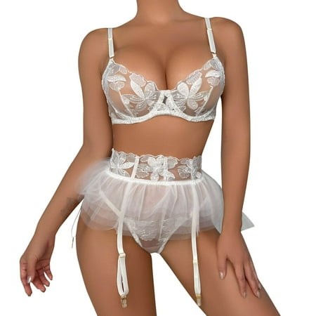 

Women Lingerie Mesh Flange Garter Belt Underwear Bra With Underwire Embroidery Three Piece Set