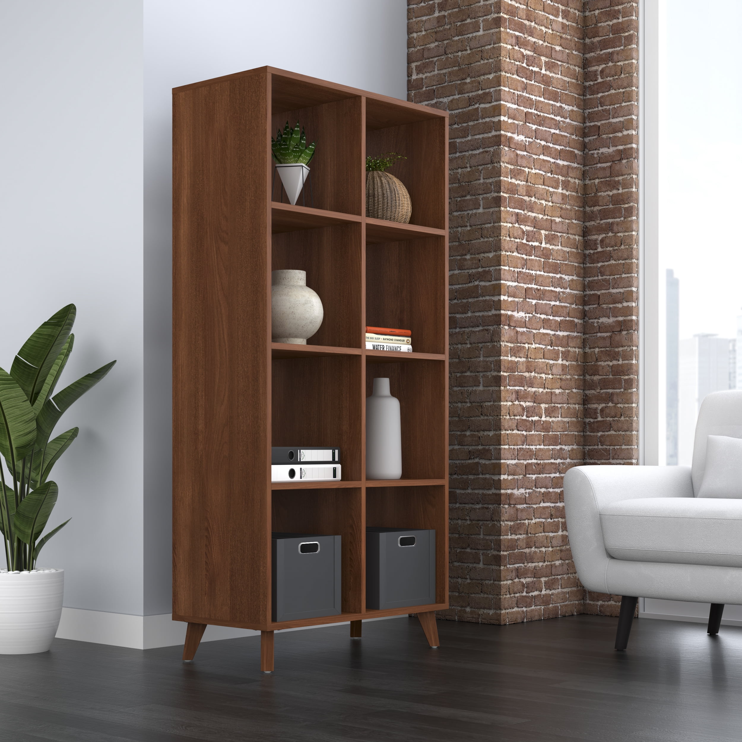 HON Basyx Commercial-Grade 66" High Modern Cube Bookcase, Real Wood Feet, Light Walnut (BSXCUBETLWLW)