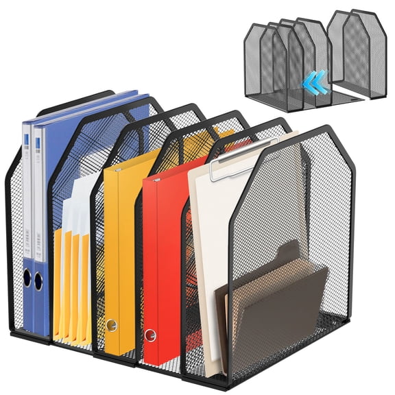 Desk File Organizer, Adjustable Metal Mesh Desktop Vertical File Folder Holder Sorter for Office Classroom Home, 5-Compartment