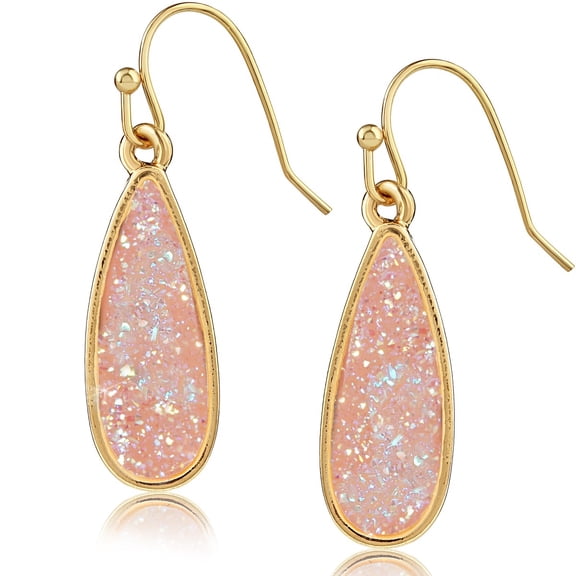 Humble Chic Light Pink Druzy Earrings for Women Dangling - Simulated Rose Quartz Teardrops