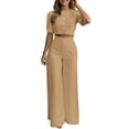 thumbnail image 2 of Zynoxe 2 Piece Sets for Women Casual Crew Neck Short Sleeve Crop Top High Waisted Wide Leg Pants Siuit Fashion Elegant Womens Summer Outfits Versatile Solid Color Casual Office Wear 2XL, 2 of 8