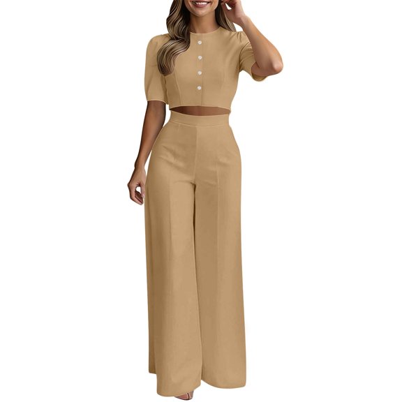 Ecqkame 2 Piece Sets for Women Temperament Elegant Solid Short Sleeve Crew Neck Button Top and Wide Leg Pants Casual Business Outfit Set Khaki XXL