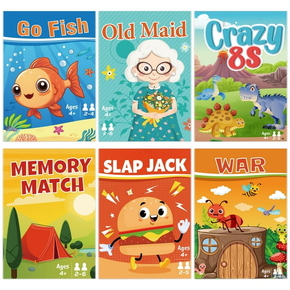 Juego de cartas Etyishe para niños: Go Fish, Old Maid, Memory Match, Slap Jack, Crazy 8s, War