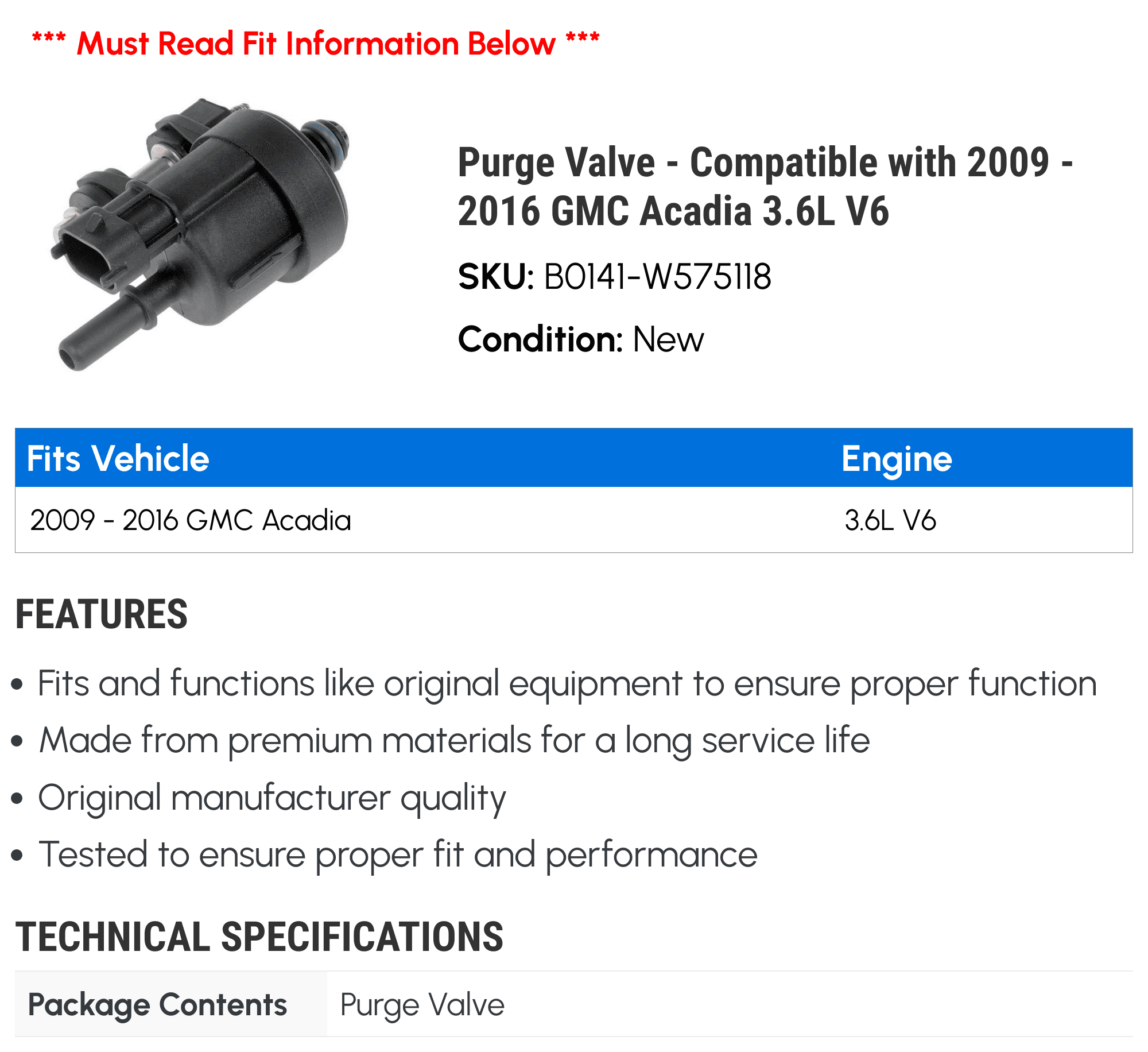 Purge Valve - Compatible with 2009 - 2016 GMC Acadia 3.6L V6 2010 2011 2012 2013 2014 2015