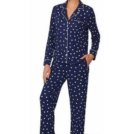 Kate Spade New York Navy Brushed Dream a Little Dream Dotted Long Sleeve Notch Collar Holiday Pajama Set Large