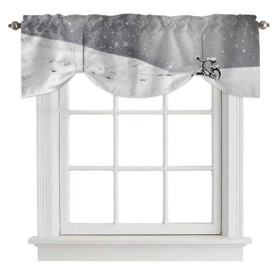 Winter Bike Snowfall Tie Up Valance Curtains for Windows, Kitchen Curtains Window Treatments, Christmas Nature Snowflakes Short Window Shades Valances for Bedroom Bathroom Cafe 42"x12"