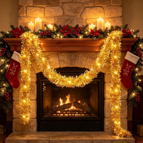 Pre-Lit Christmas Garland with Multicolor Lights, 17 Ft Metallic Tinsel Holiday Garland for Fireplace Mantel, Staircase and Indoor Outdoor Decor