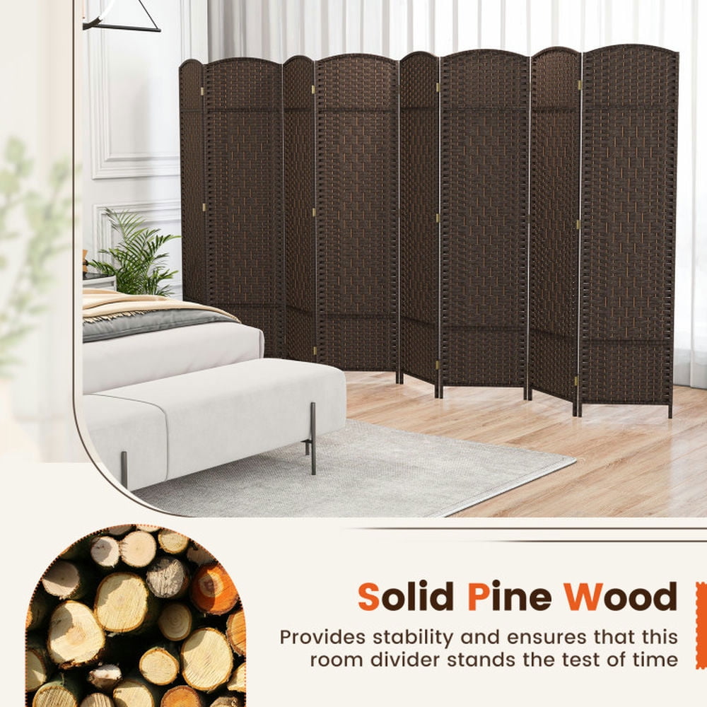 Spaco 8-Panel 6 Feet Tall Room Divider, Folding Room Divider with Hand-Woven Texture, Privacy Screen with Solid Wood Frame for Indoor, Brown