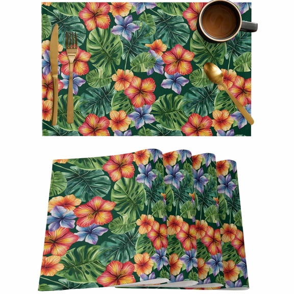 Summer Flowers Monstera Leaves Placemats Set of 4,Wipeable Washable Table Mats for Dining Tables,Tropical Plant Hibiscus Watercolor Place Mats for Kitchen Event Party Tabletop Decor