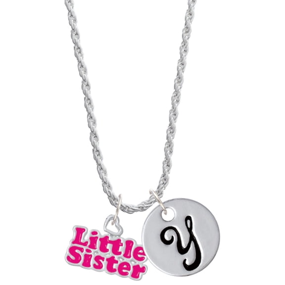 Delight Jewelry Hot Pink ''Little Sister'' with Heart Silvertone Script Initial Disc - Y - Charm Necklace, 20"+3"