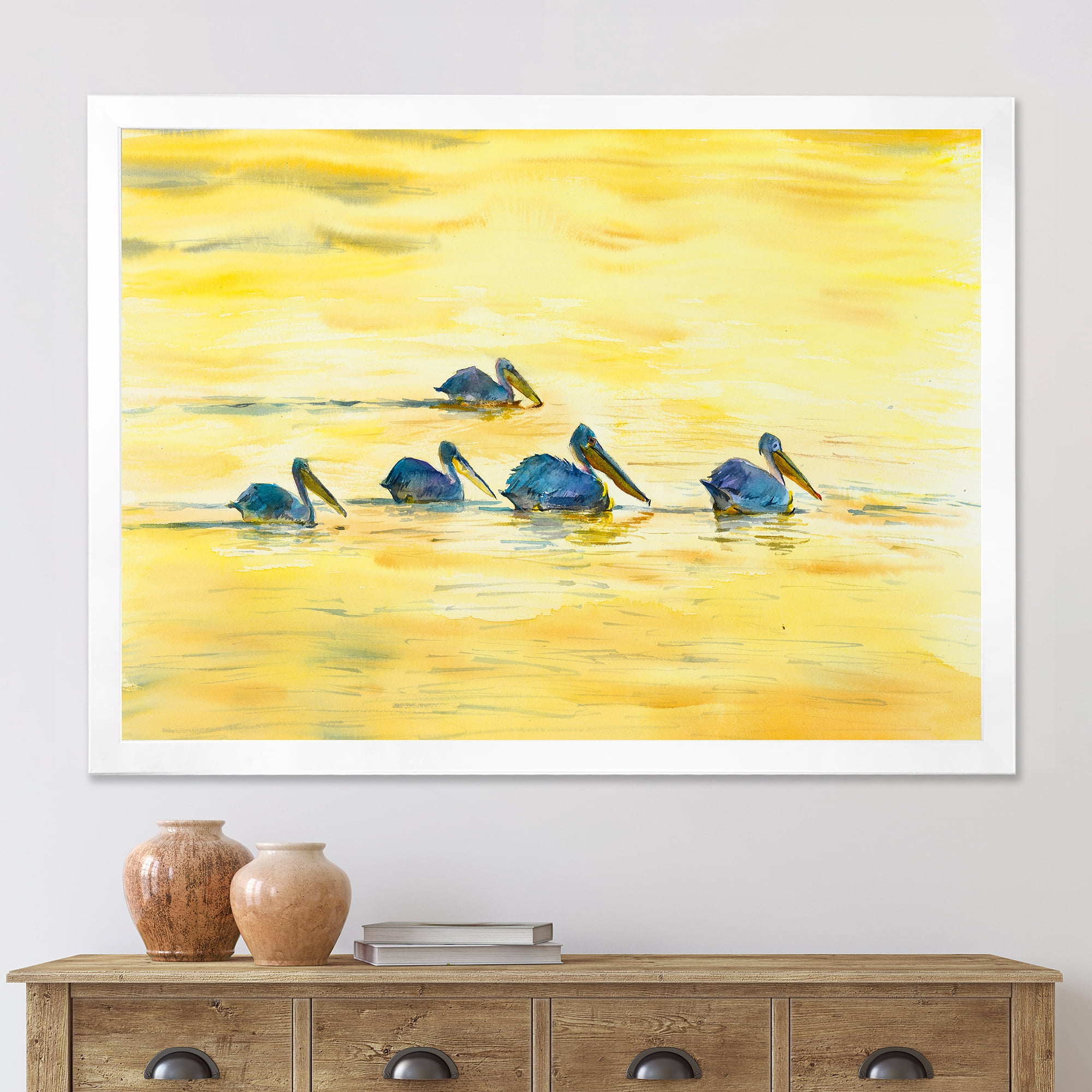 Designart 'Pelicans Birds On The Yellow River' Farmhouse Framed Art Print