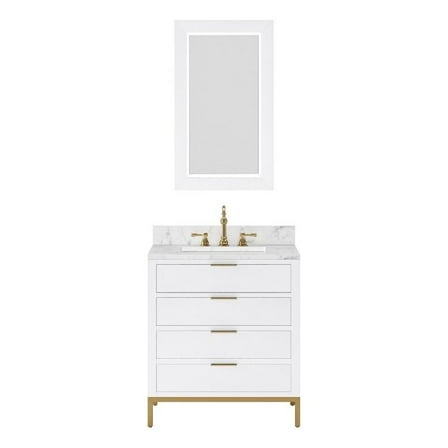 Water Creation Bristol 30"W Wood Single Bathroom Vanity in Pure White and Gold