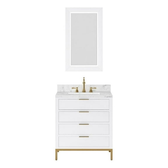 Water Creation Bristol 30"W Wood Single Bathroom Vanity in Pure White and Gold