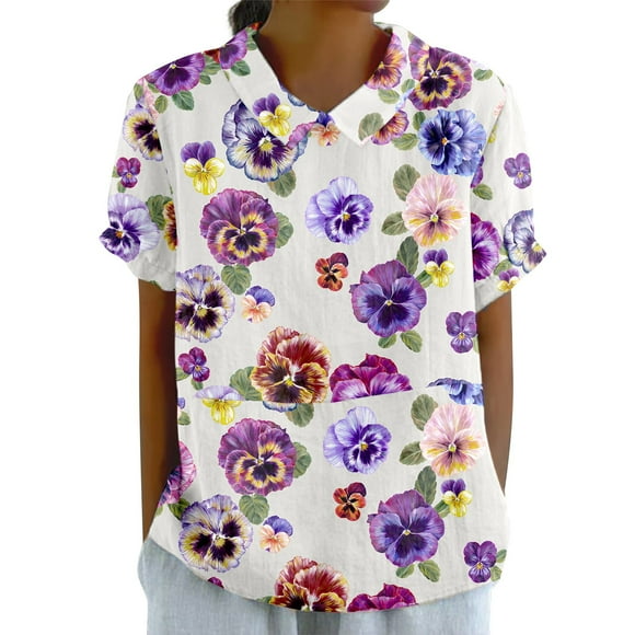 Women's Short Sleeve T-Shirt Clearance Women's Chemical Fiber T-Shirt Women's Lapel Vintage Purple Pansy Print Awareness Support Top Casual Shirt
